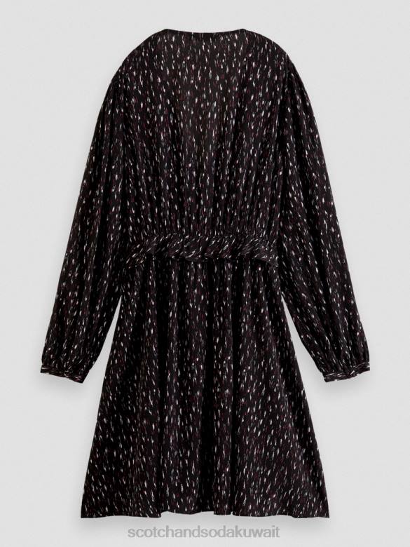 ملابس Scotch & Soda فستان قصير مطبوع بأكمام طويلة ورقبة على شكل حرف V ايكات المطر نحيف N0V426