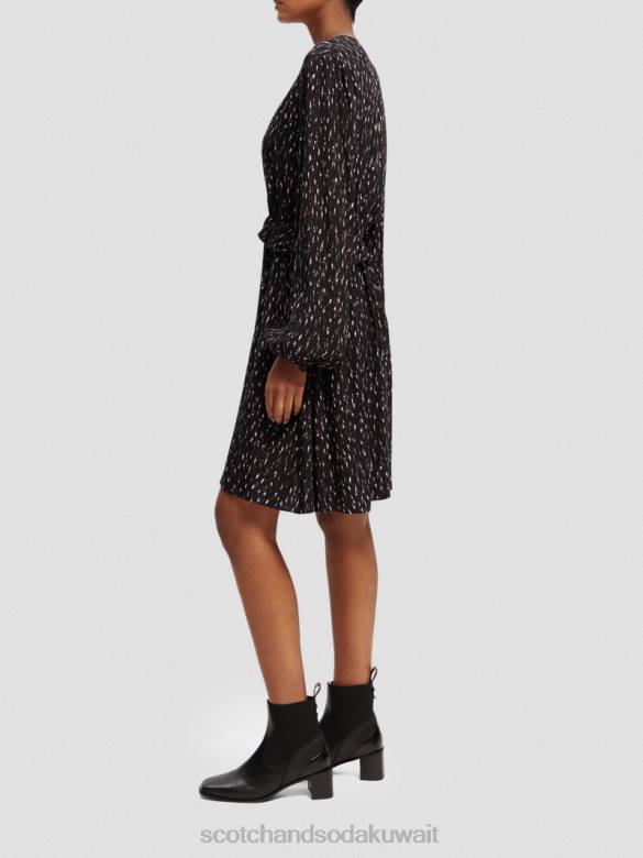 ملابس Scotch & Soda فستان قصير مطبوع بأكمام طويلة ورقبة على شكل حرف V ايكات المطر نحيف N0V426