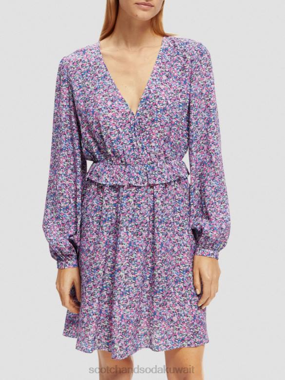 ملابس Scotch & Soda فستان قصير مطبوع بأكمام طويلة ورقبة على شكل حرف V روزاريا الأرجواني نحيف N0V429