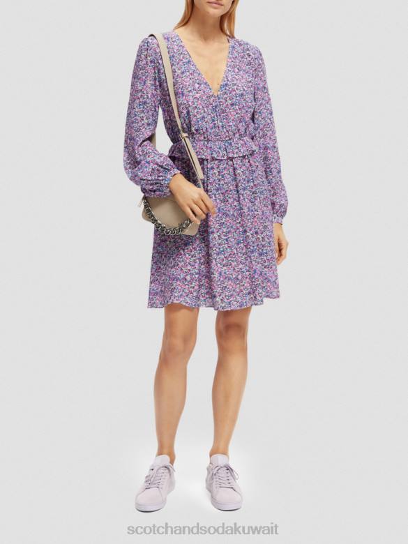 ملابس Scotch & Soda فستان قصير مطبوع بأكمام طويلة ورقبة على شكل حرف V روزاريا الأرجواني نحيف N0V429