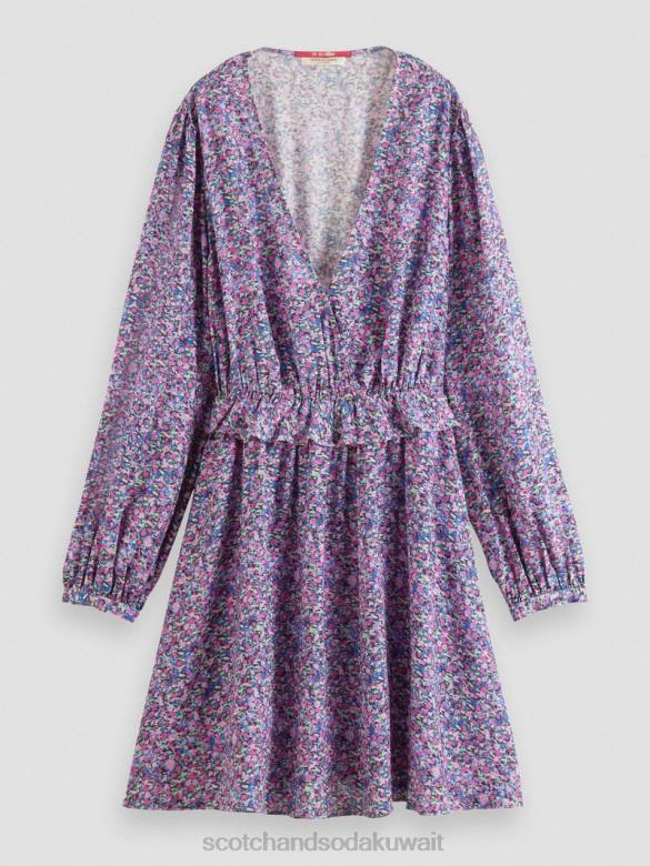 ملابس Scotch & Soda فستان قصير مطبوع بأكمام طويلة ورقبة على شكل حرف V روزاريا الأرجواني نحيف N0V429