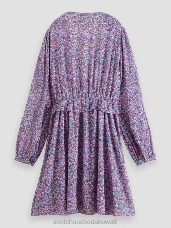 ملابس Scotch & Soda فستان قصير مطبوع بأكمام طويلة ورقبة على شكل حرف V روزاريا الأرجواني نحيف N0V429