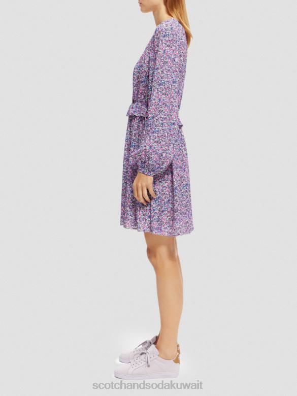 ملابس Scotch & Soda فستان قصير مطبوع بأكمام طويلة ورقبة على شكل حرف V روزاريا الأرجواني نحيف N0V429