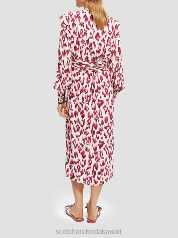 ملابس Scotch & Soda فستان ميدي بأكمام طويلة وحزام على شكل حرف V فطيرة الكرز إيكات المصقولة نحيف N0V438