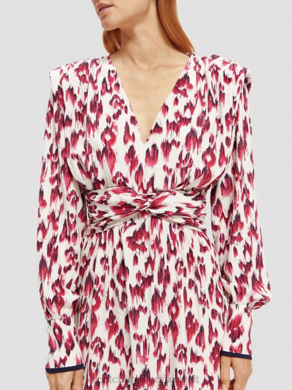 ملابس Scotch & Soda فستان ميدي بأكمام طويلة وحزام على شكل حرف V فطيرة الكرز إيكات المصقولة نحيف N0V438