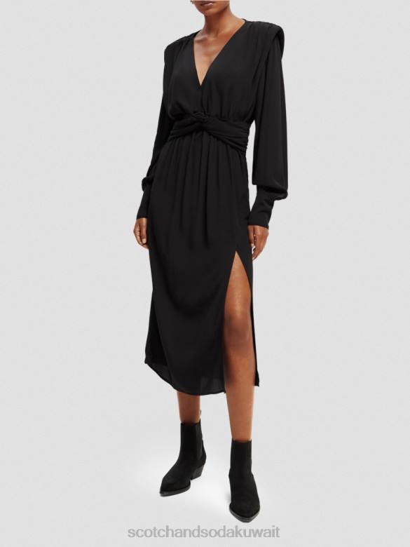 ملابس Scotch & Soda فستان ميدي بأكمام طويلة وحزام على شكل حرف V أسود نحيف N0V439