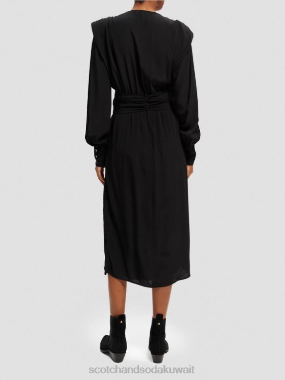 ملابس Scotch & Soda فستان ميدي بأكمام طويلة وحزام على شكل حرف V أسود نحيف N0V439