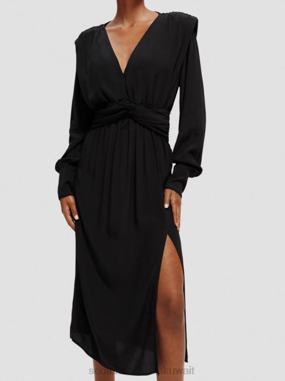 ملابس Scotch & Soda فستان ميدي بأكمام طويلة وحزام على شكل حرف V أسود نحيف N0V439