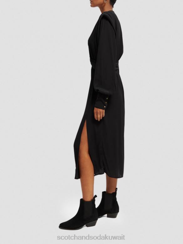 ملابس Scotch & Soda فستان ميدي بأكمام طويلة وحزام على شكل حرف V أسود نحيف N0V439