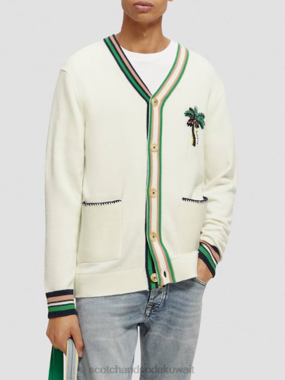 ملابس Scotch & Soda سترة مطرزة على شكل حرف V الدنيم الأبيض رجال N0V4635