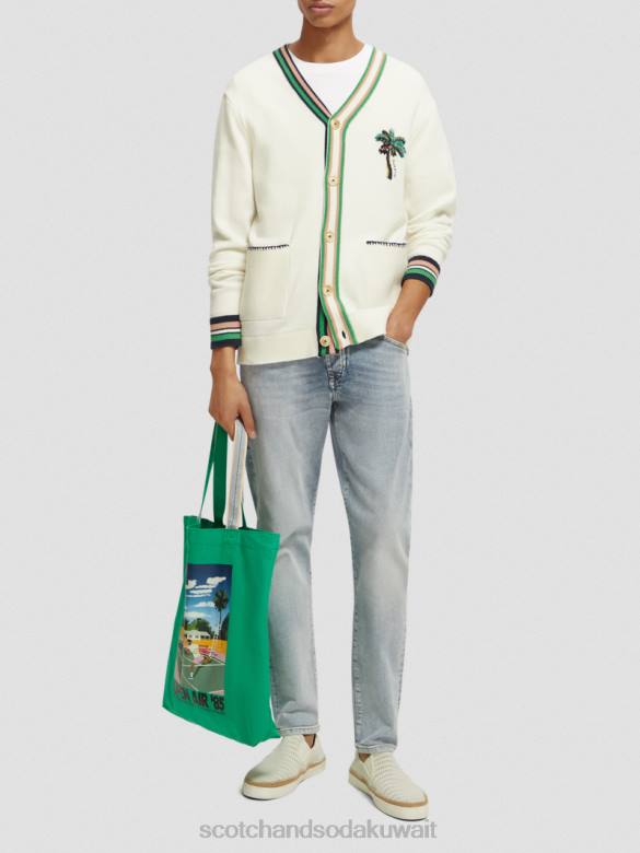 ملابس Scotch & Soda سترة مطرزة على شكل حرف V الدنيم الأبيض رجال N0V4635