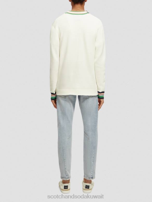 ملابس Scotch & Soda سترة مطرزة على شكل حرف V الدنيم الأبيض رجال N0V4635