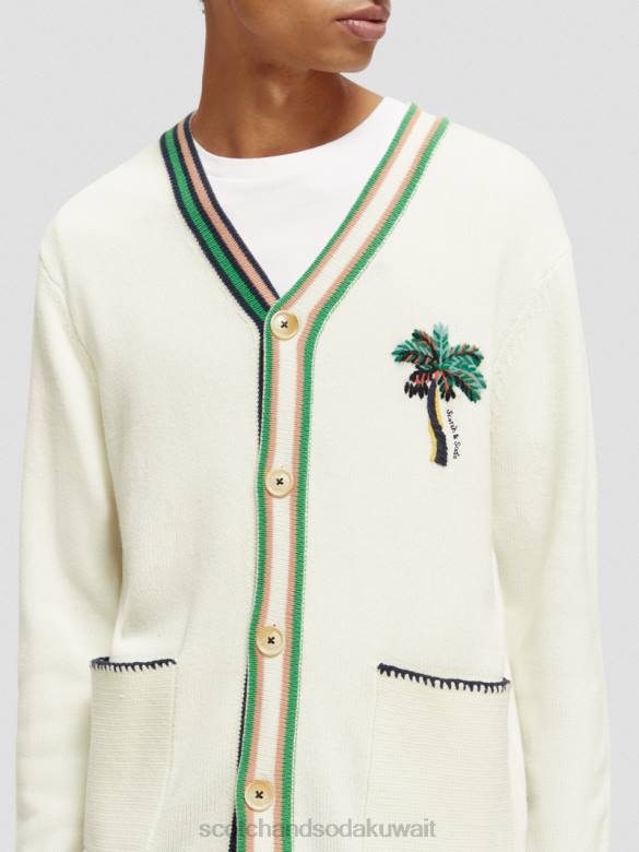 ملابس Scotch & Soda سترة مطرزة على شكل حرف V الدنيم الأبيض رجال N0V4635