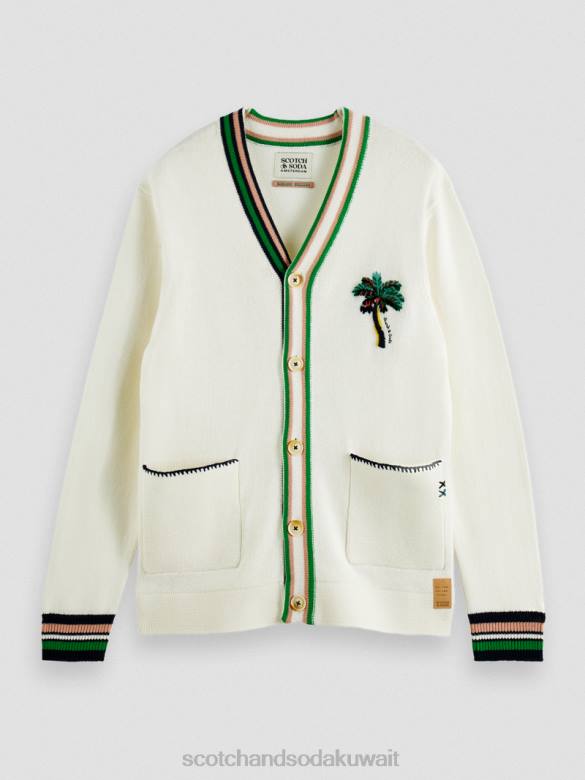 ملابس Scotch & Soda سترة مطرزة على شكل حرف V الدنيم الأبيض رجال N0V4635