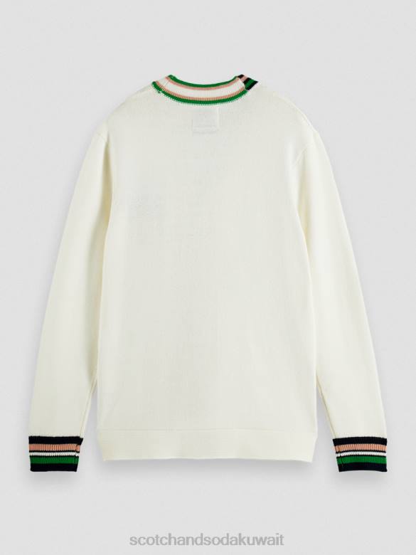 ملابس Scotch & Soda سترة مطرزة على شكل حرف V الدنيم الأبيض رجال N0V4635