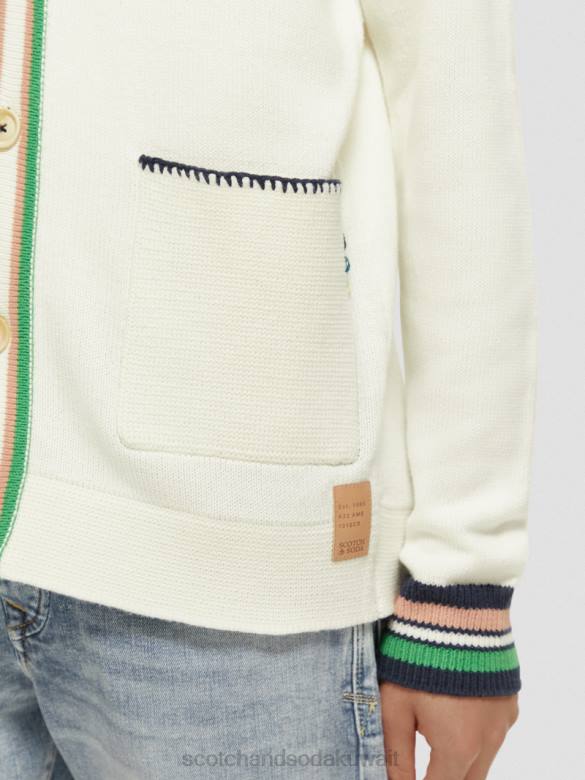 ملابس Scotch & Soda سترة مطرزة على شكل حرف V الدنيم الأبيض رجال N0V4635